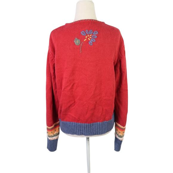 Vintage 90s Coldwater Creek Red Blue Floral Embroidered Cardigan Sweater L - Picture 5 of 6